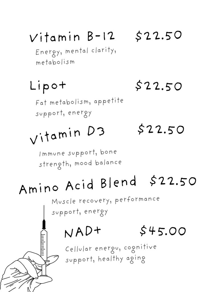 Discounted wellness wednesday injections, B12, Vitamin D, NAD+